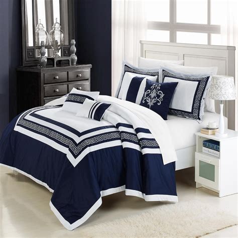 navy blue and white duvet.